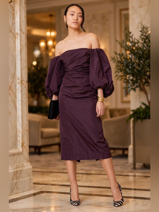 Tanya Taylor Dresses & Skirts - Tanya Taylor Charlotte dress Elegant Puff-Sleeve Midi Dress in Deep Plum size 10